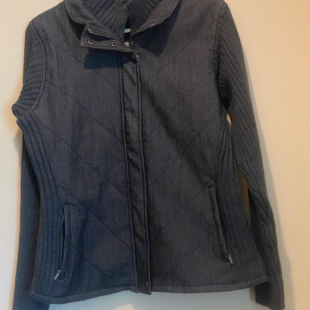 Sharagano Jacket gray denim measurements 42 x 24 petite medium.
